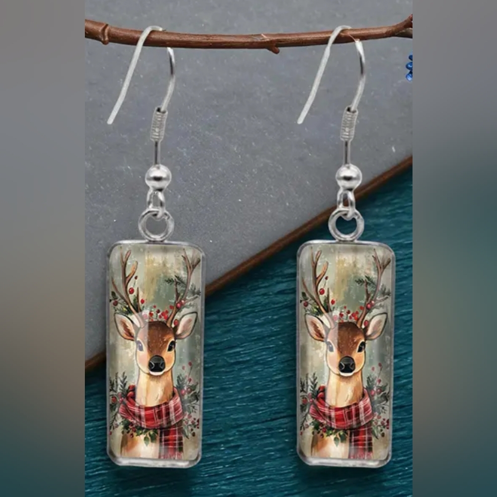 Christmas earrings animal print crystal glass Winter Reindeer